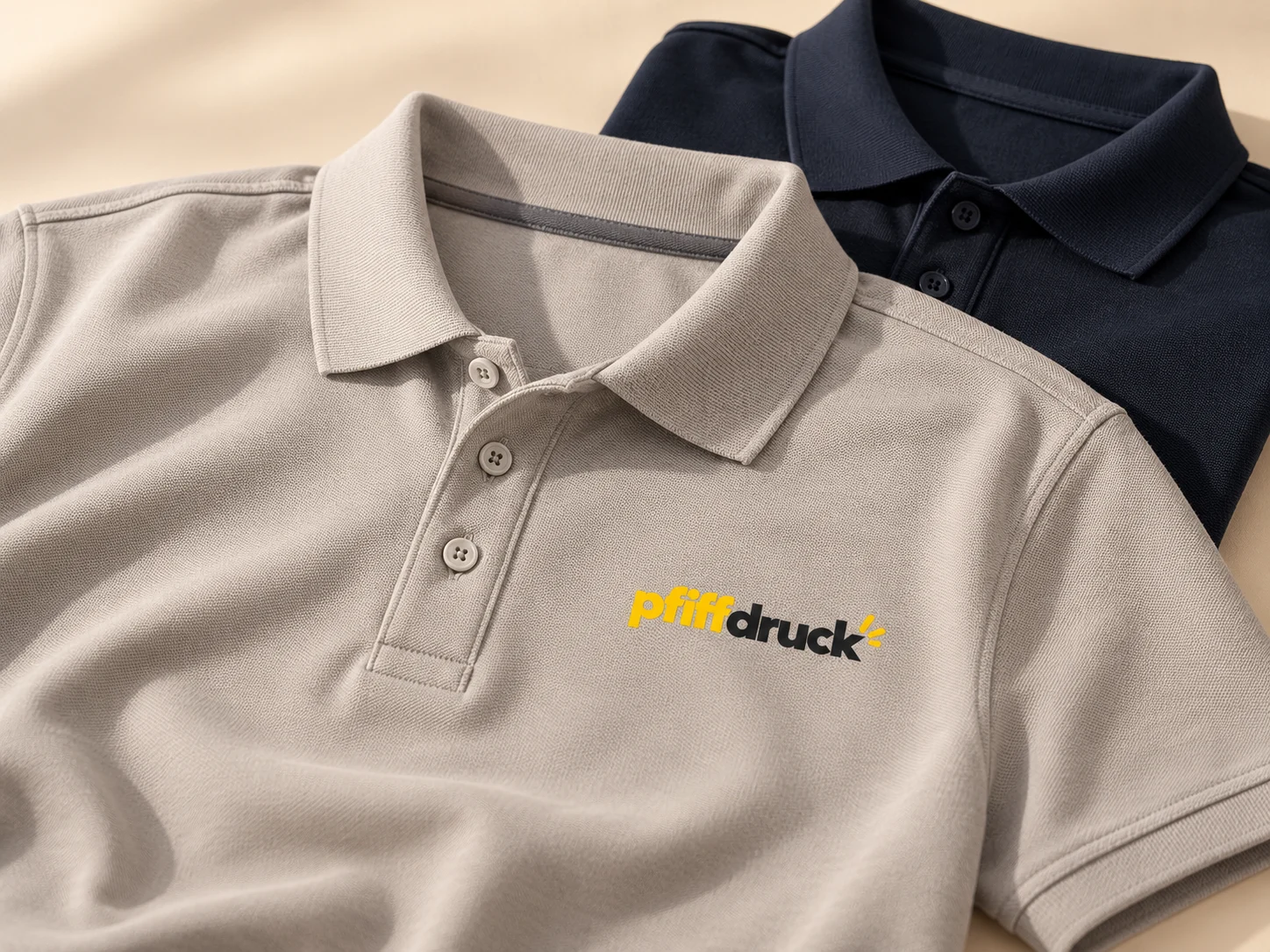 Hellgraues Poloshirt mit pfiffdruck-Logo auf der Brust – Gestaltungsbeispiel