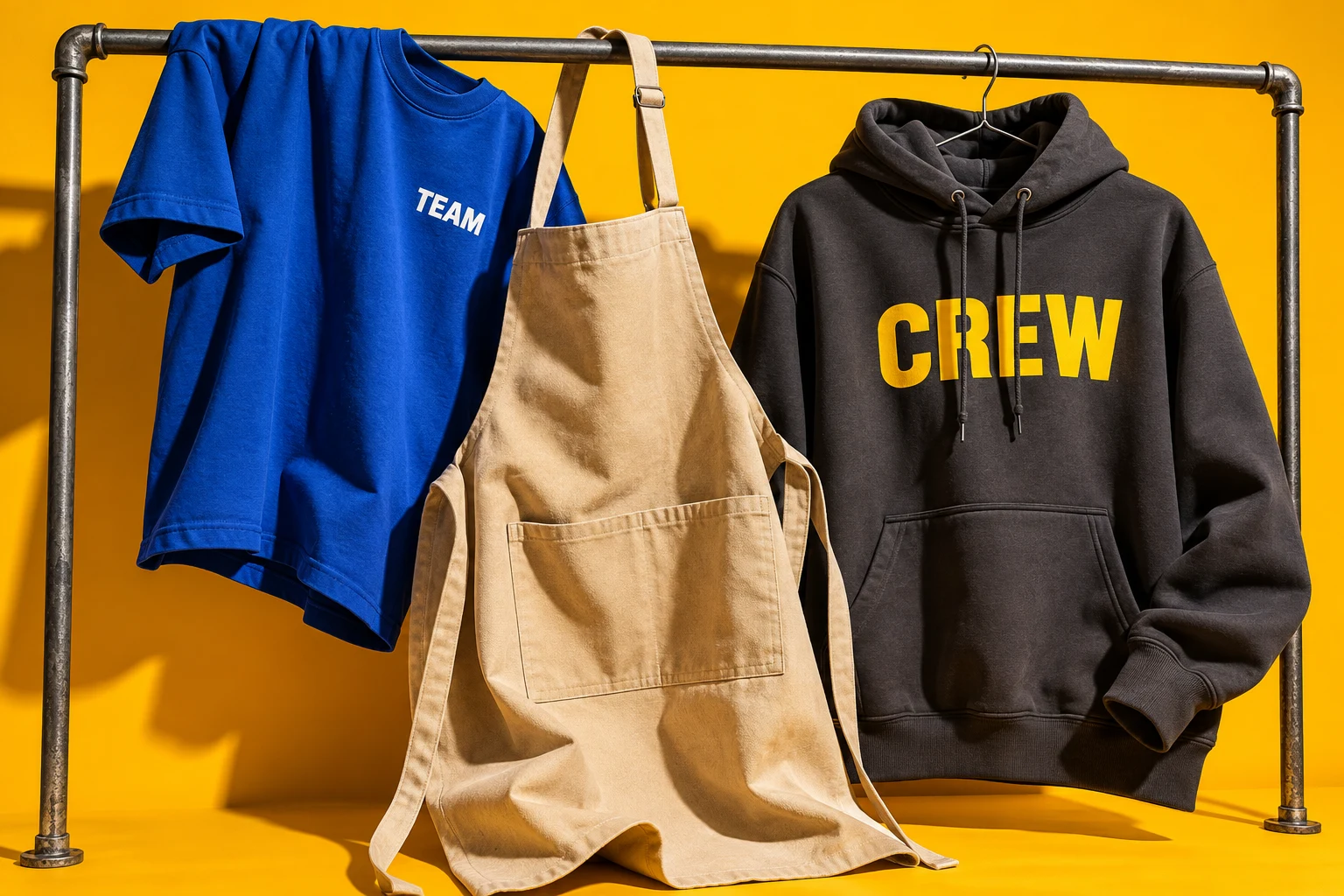 Blaues Team-Shirt, beige Schürze und dunkler Crew-Hoodie vor gelbem Hintergrund – Gestaltungsbeispiel